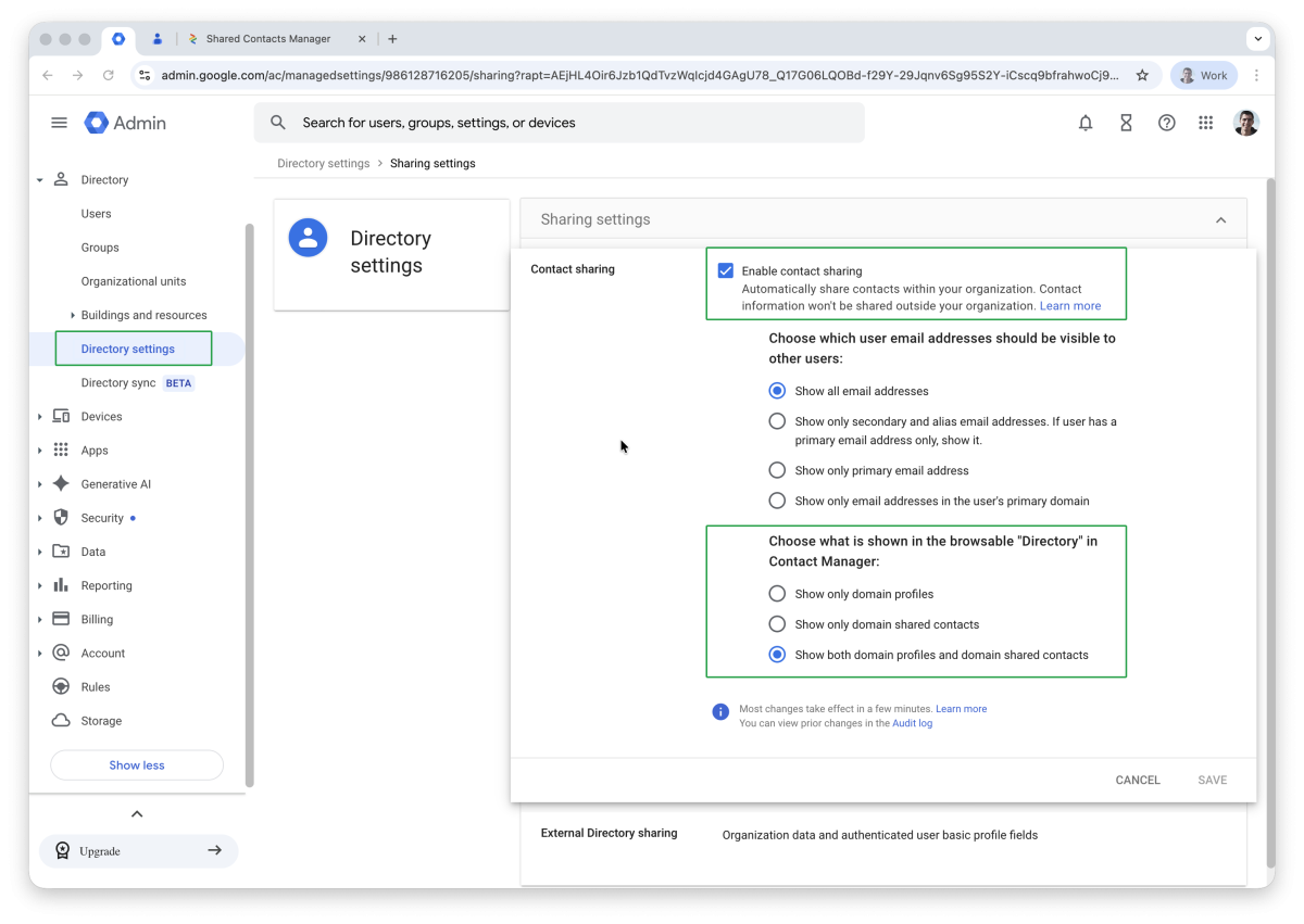 Google Workspace directory settings