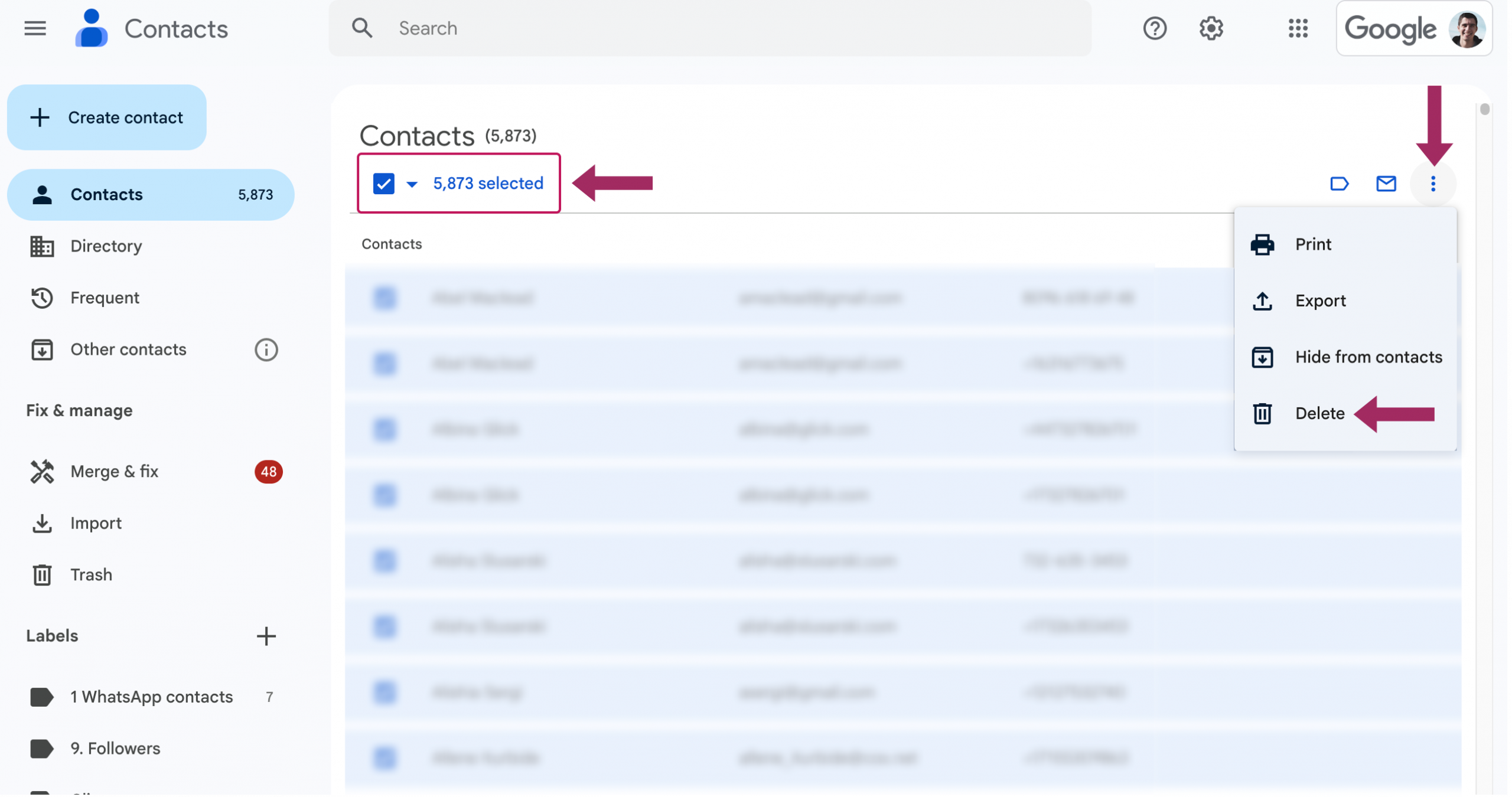 如何删除所有 Google 联系人