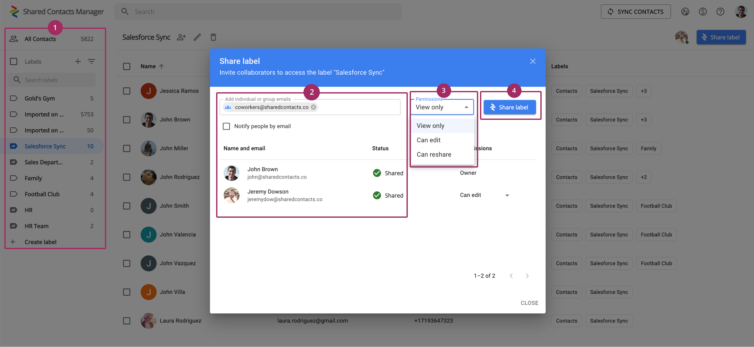 Dasbor Shared Contacts Manager