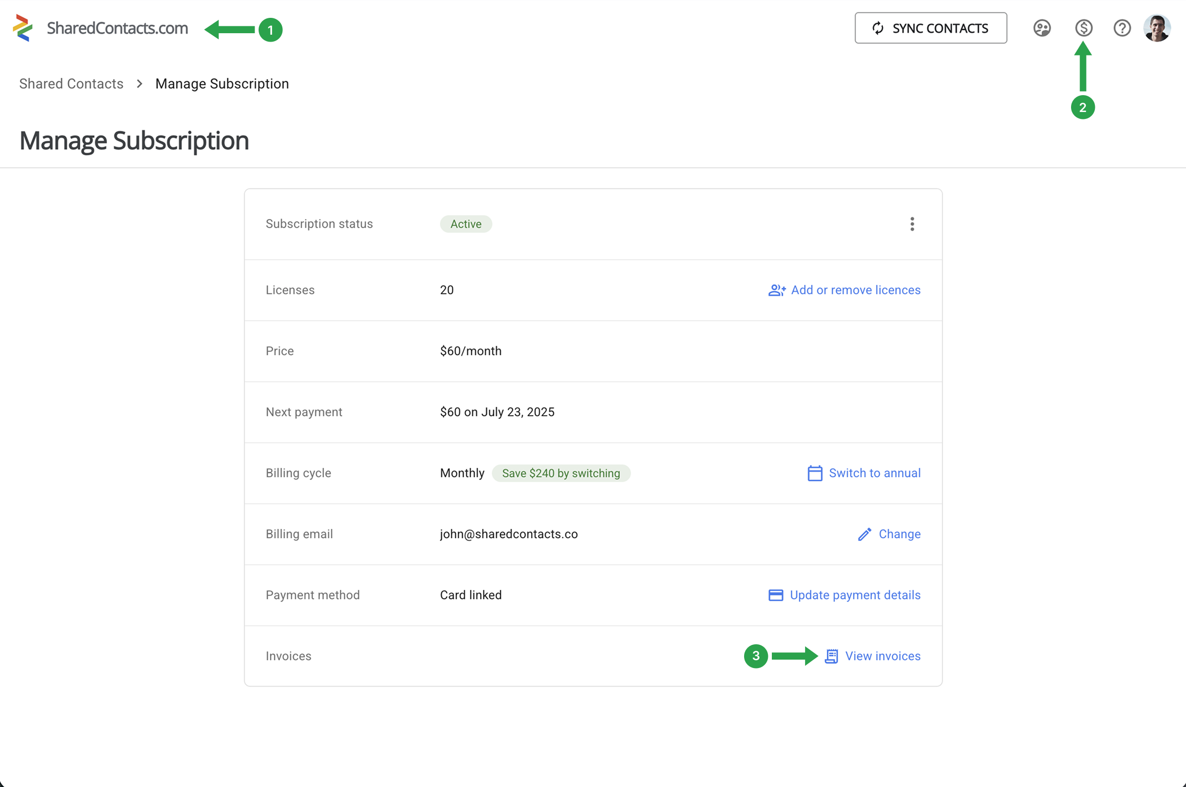 How to find invoices in SharedContacts.com