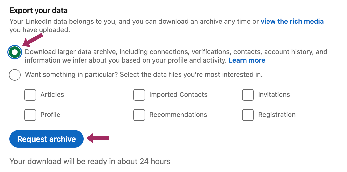 Requesting data archive on LinkedIn
