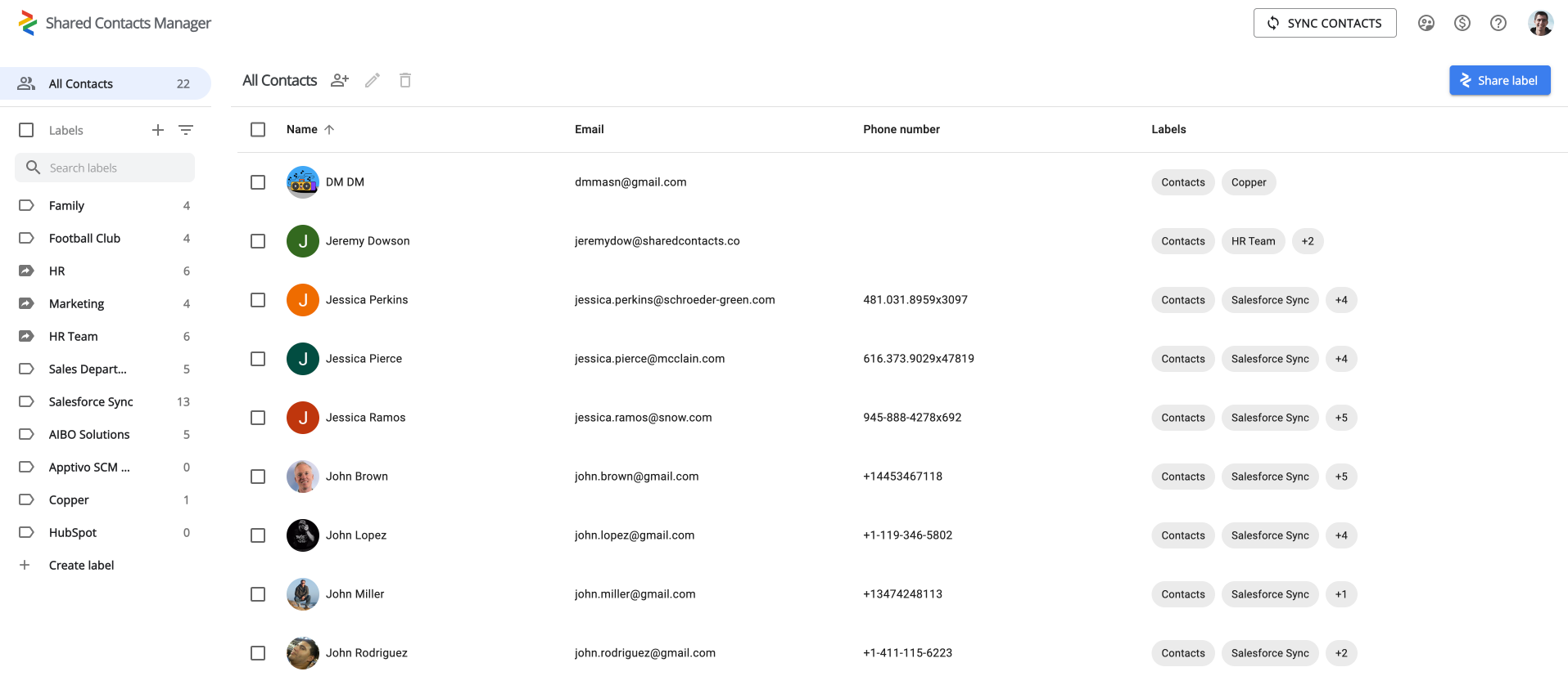 Shared Contacts Manager 인터페이스