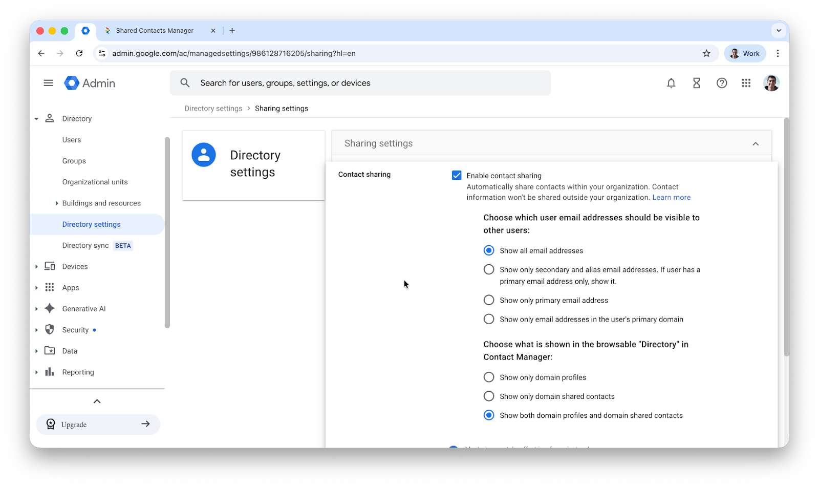 Directory contact sharing settings in Google Workspace admin console