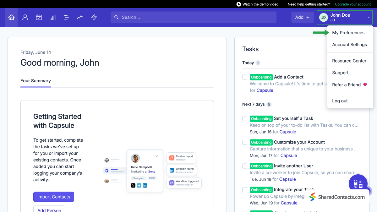 Capsule CRM dashboard with user account menu options