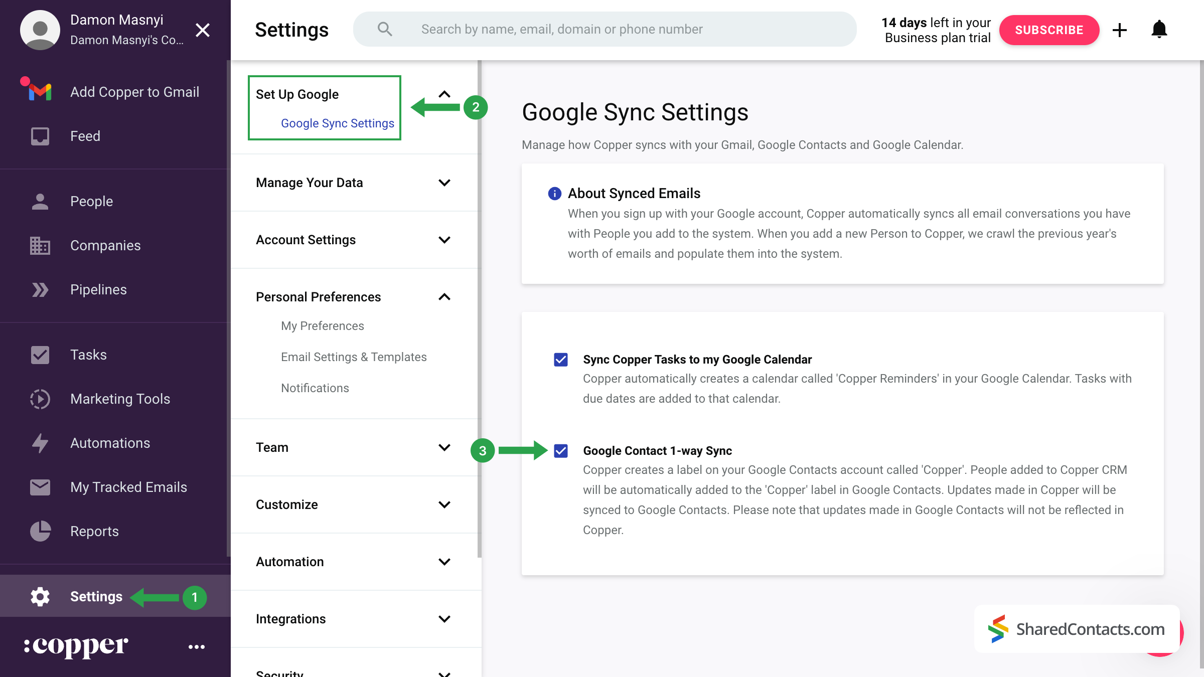 Setting up Google sync settings in Copper dashboard