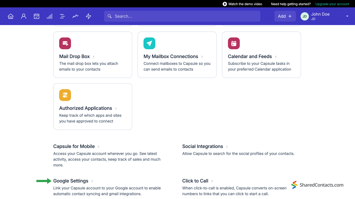Capsule CRM settings page displaying various options including and the highlighted 'Google Settings' at the bottom.
