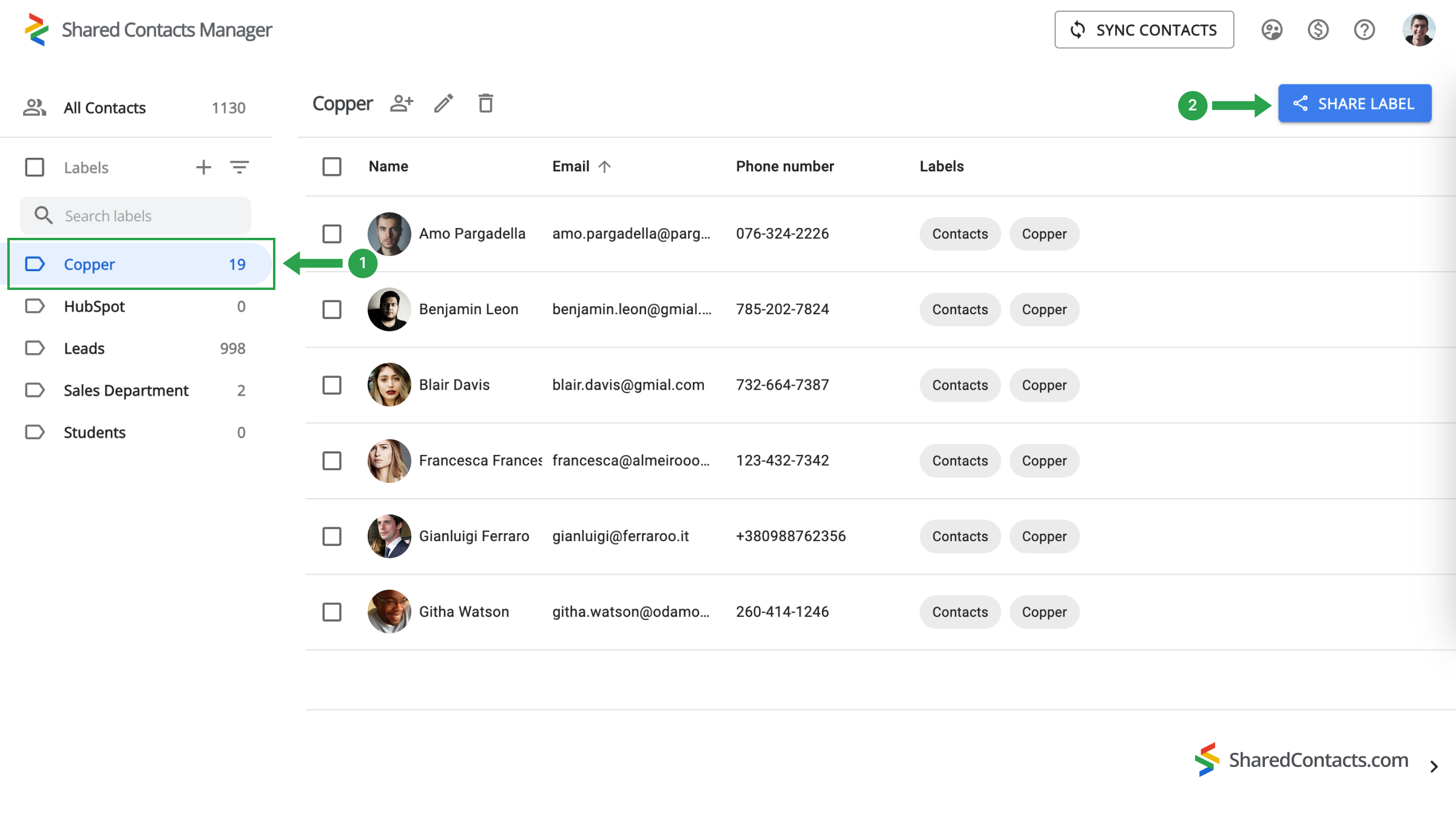 Copper contact label and the Share Label button in Shared Contacts Manager