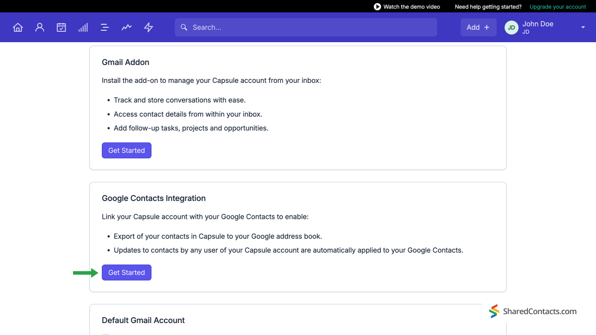 Capsule CRM settings page displaying 'Google Contacts Integration' with the 'Get Started' button