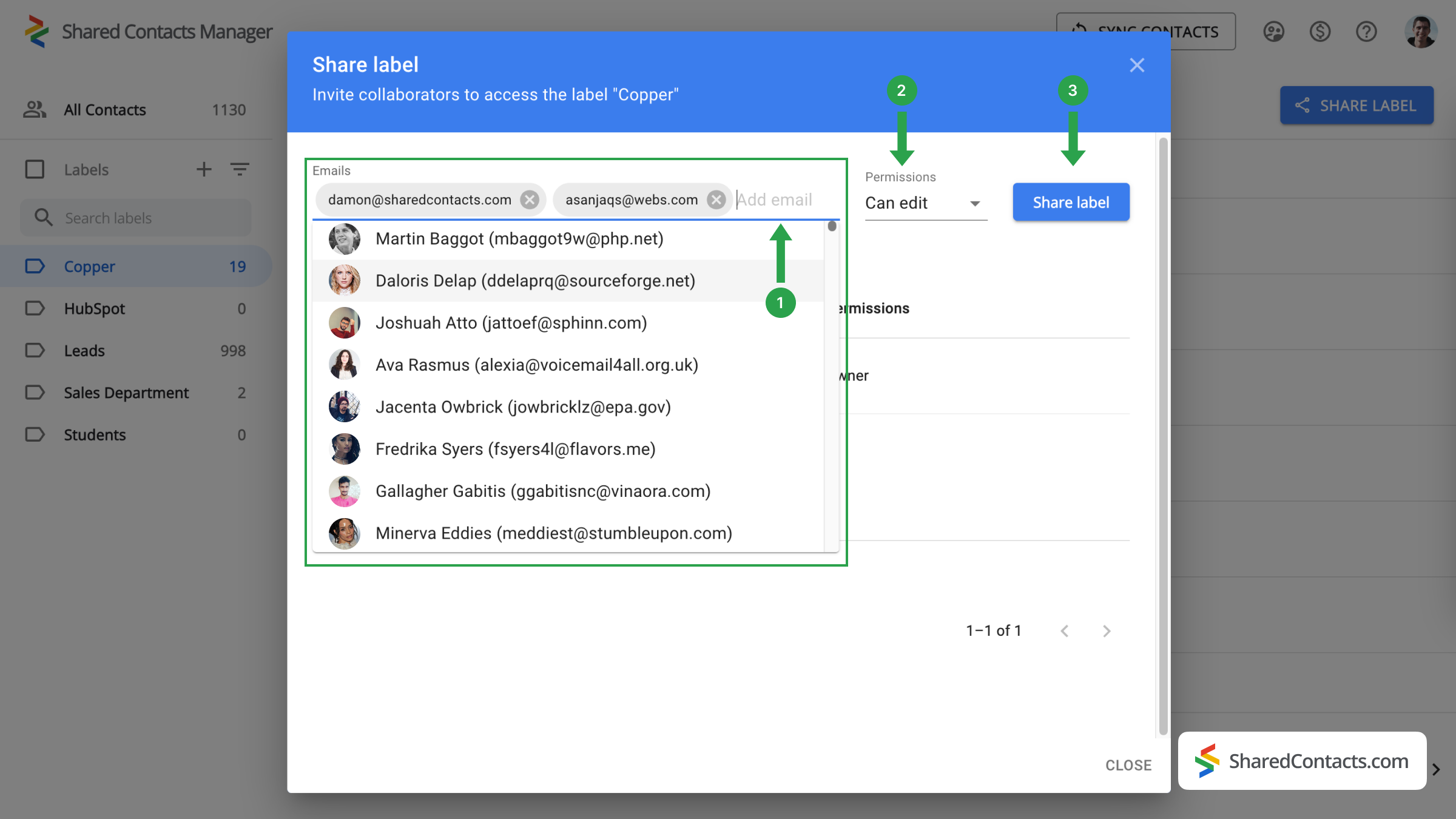 Label sharing and permission settings in Shared Contacts Manager