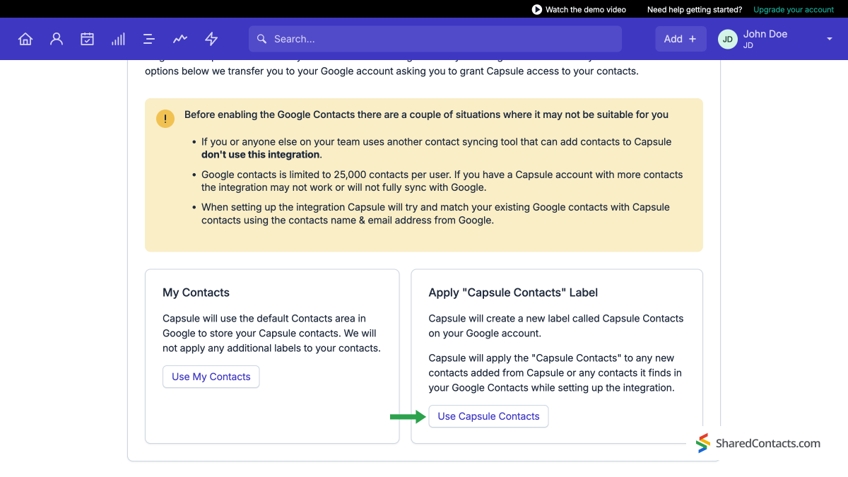 Capsule CRM settings page and the 'Use Capsule Contacts' button