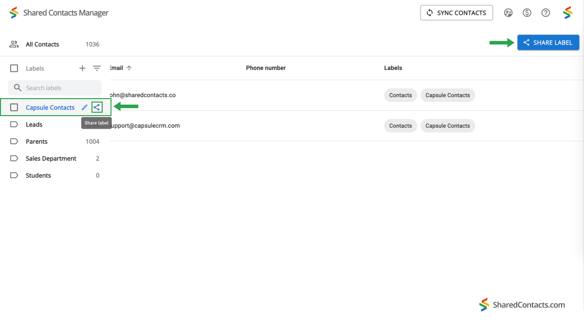 The Shared Contacts Manager interface with Capsule CRM contacts label selected