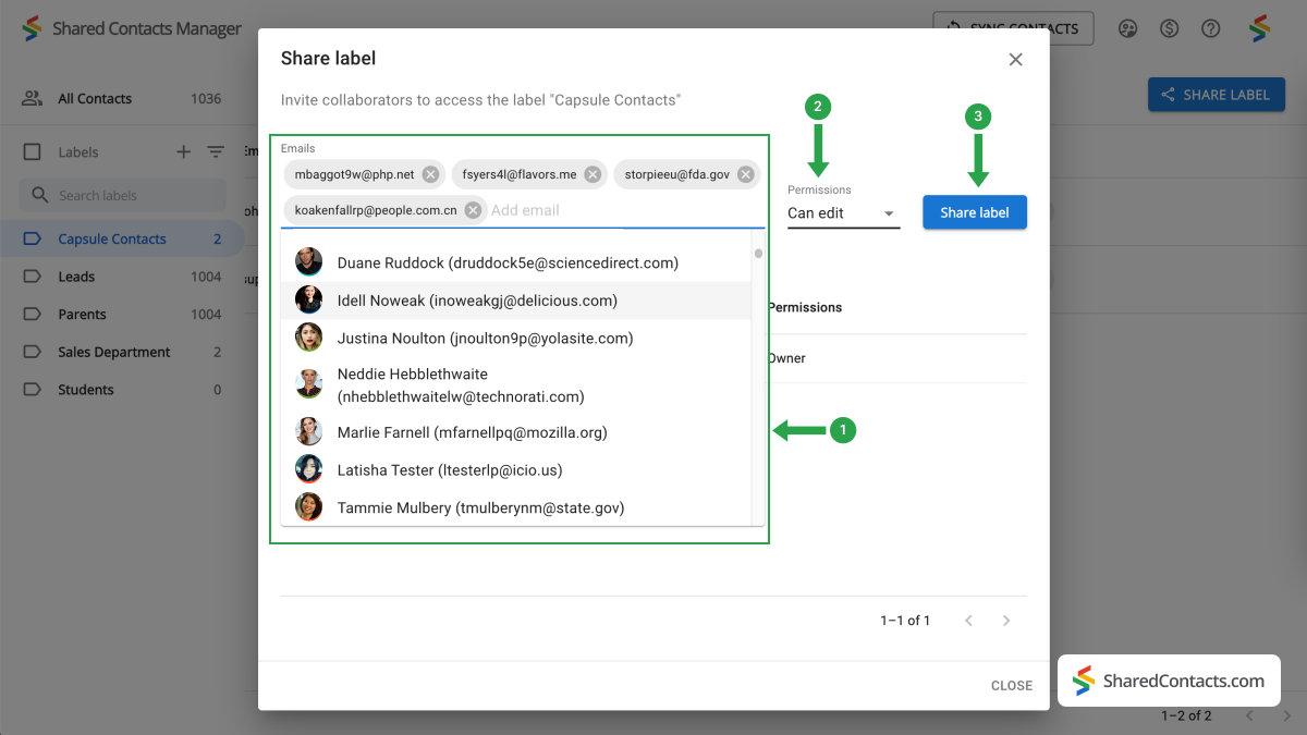 The label sharing setup in Shared Contacts Manager
