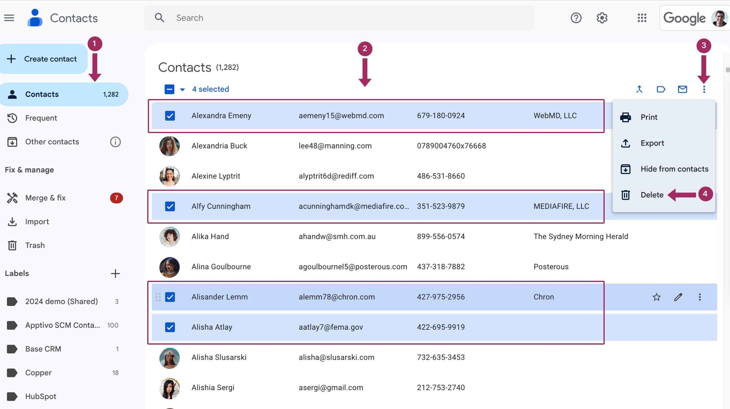 Google Contactsで連絡先を削除する手順を示したスクリーンショット