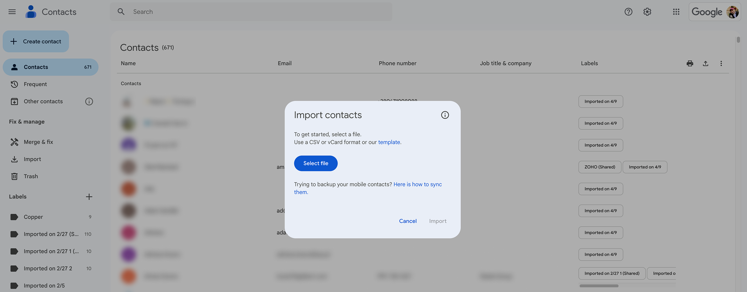 Google 연락처에서 연락처 가져오기
