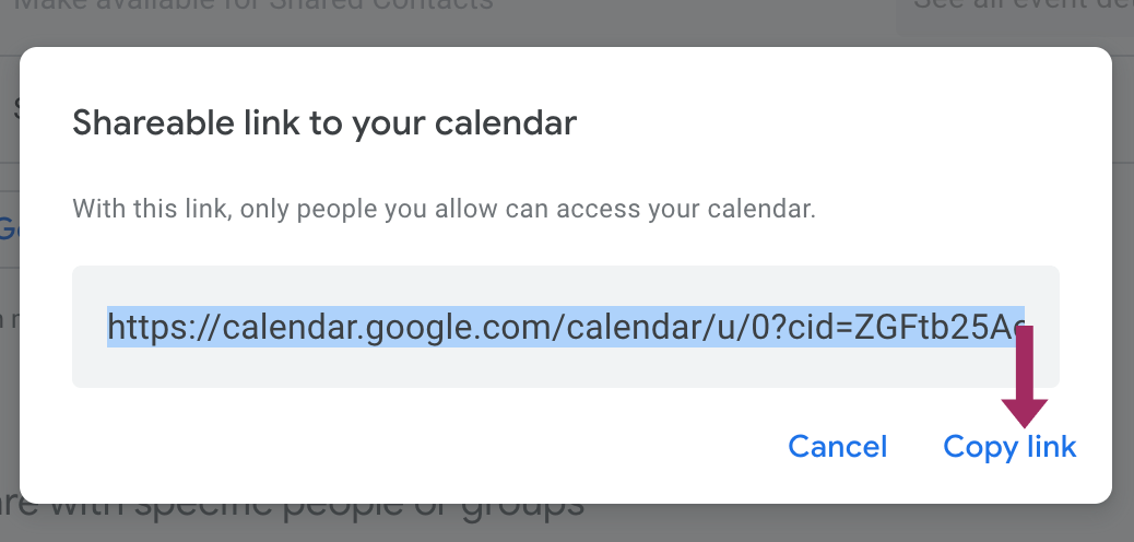 Tangkapan layar cara mendapatkan tautan yang dapat dibagikan ke kalender Google