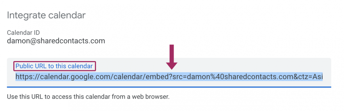 Tangkapan layar saat menyalin URL publik untuk berbagi Kalender Google